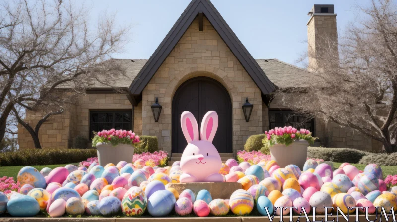 Easter Scene: Playful Bunny and Colorful Eggs - Pop Art Installation AI Image