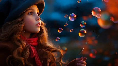 Enchanting Girl with Brown Hair and Blue Eyes Observing Soap Bubbles