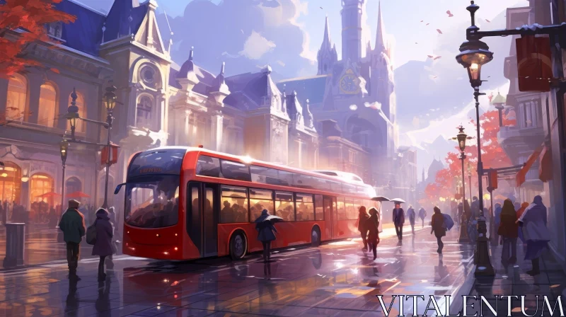 European City Streetscape with Red Bus and Clock Tower AI Image
