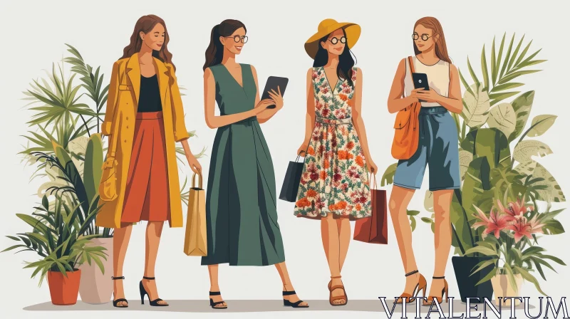 Four Young Women in Fashionable Outfits AI Image