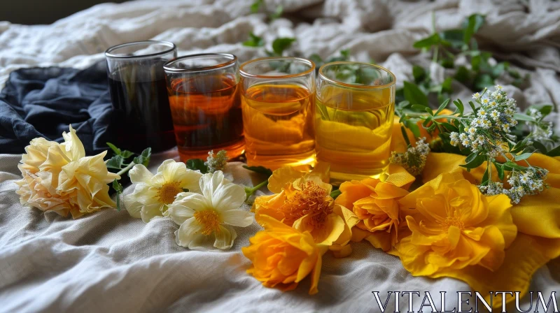 Glass Beakers with Colorful Liquids and Flowers AI Image