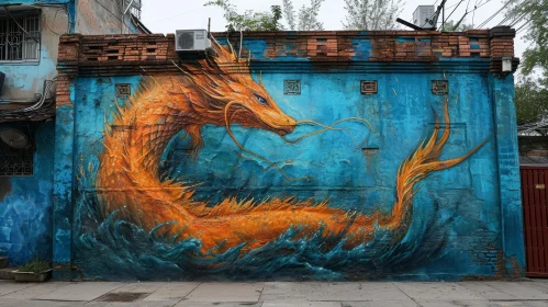 Golden Dragon Mural on Blue Wall - Chinese Culture and Mythology Art