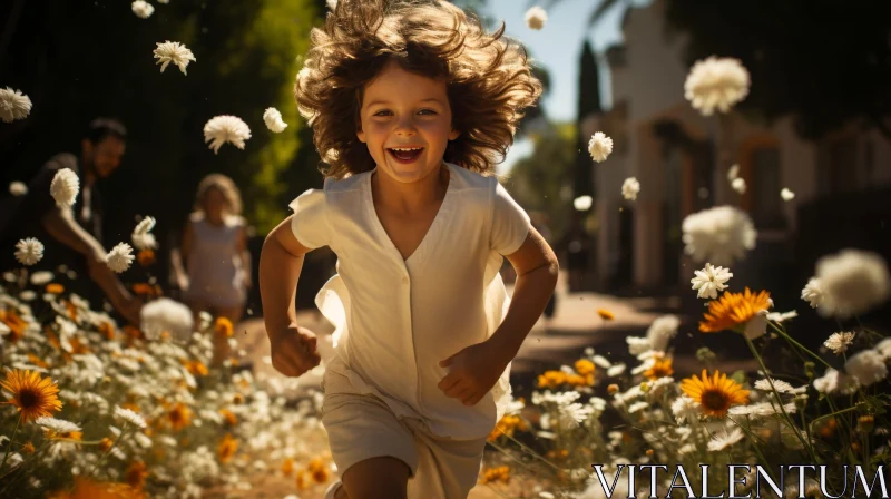 Happy Boy Running in Flower Field AI Image