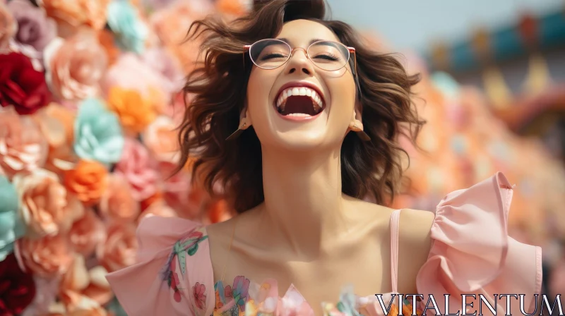 Laughing Woman in Floral Dress AI Image