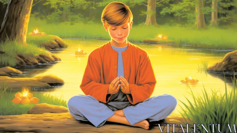 Meditating Boy in Forest | Peaceful Nature Scene AI Image