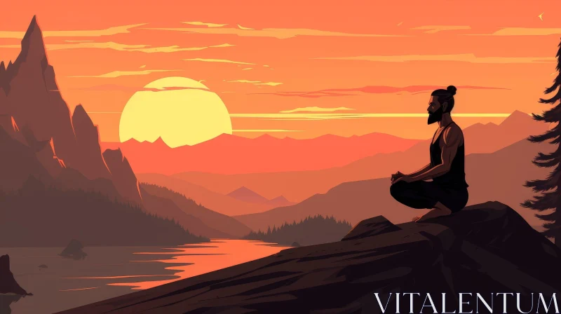 Meditating Man on Mountaintop at Sunset AI Image