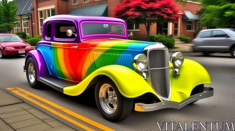AI ART Rainbow-Colored Vintage Car in Urban Setting