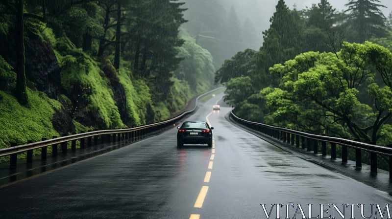 Rainy Day on Mountain Road with Two Cars AI Image