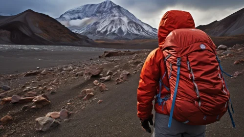 Red Jacket Person on Rocky Field Facing Snow-Capped Mountain