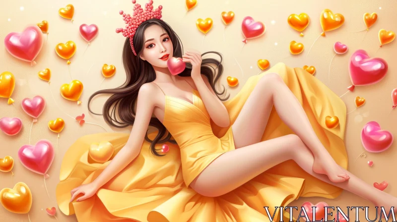 Romantic Image of a Beautiful Young Woman with Heart-Shaped Balloons AI Image