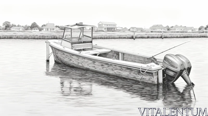 Serene Black and White Boat Drawing on Calm River AI Image