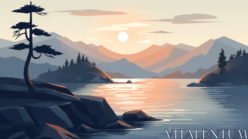 Tranquil Lake and Mountain Sunset Scene AI Image