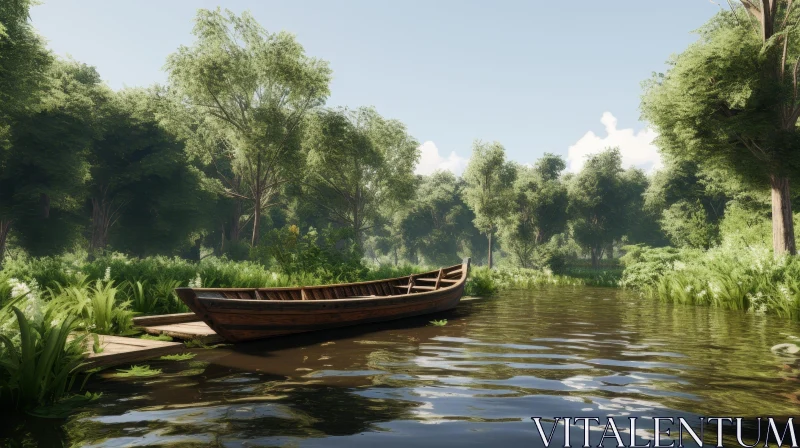 Tranquil River Scene with Wooden Boat and Forest AI Image
