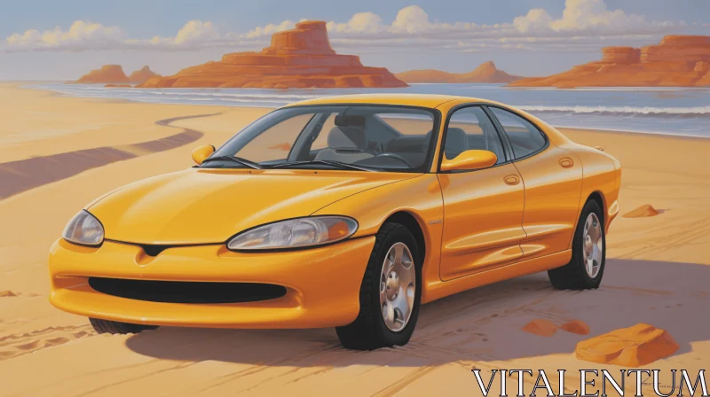 Vibrant Yellow Car on Sand | Hyper-Realistic Renderings | 1990s Prerendered Graphics AI Image