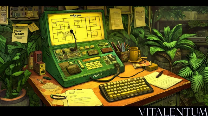 Vintage Computer in Lush Jungle | Retro Green Computer on Wooden Desk AI Image