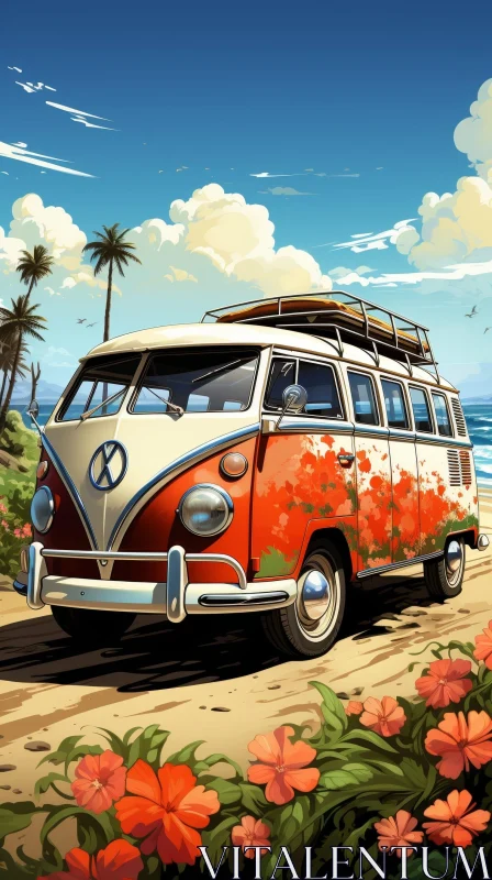 Vintage Volkswagen Bus on Beach - Digital Painting AI Image