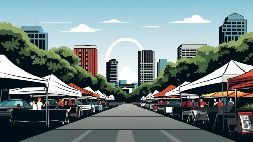Busy City Street Market Illustration