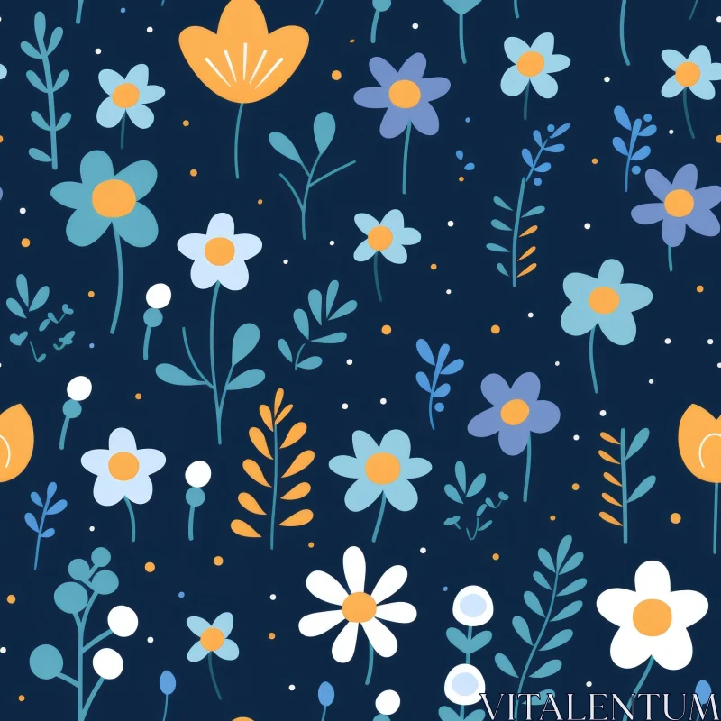 AI ART Cheerful Floral Pattern on Dark Blue Background