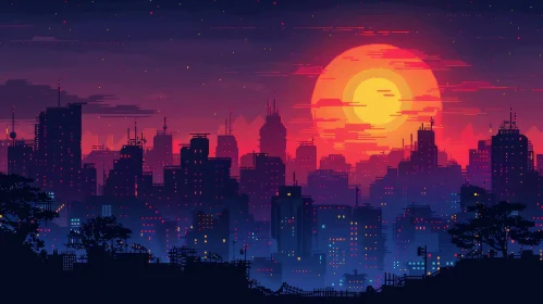 Cityscape Pixel Art Illustration at Night
