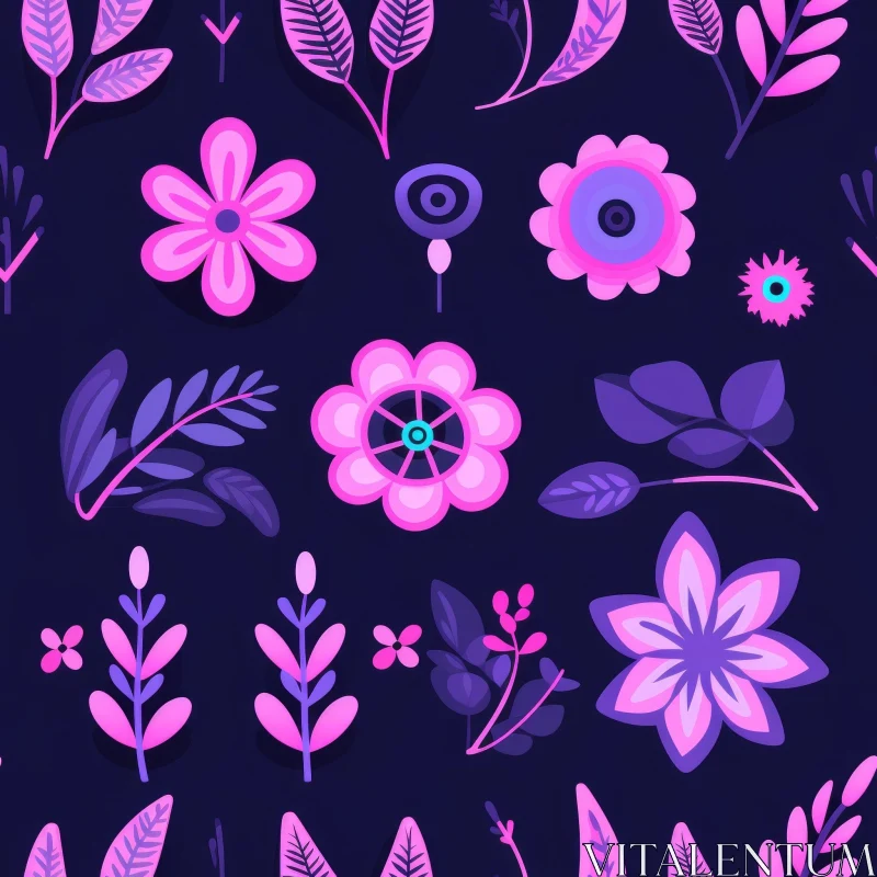 Elegant Floral Pattern in Pink and Purple on Blue Background AI Image