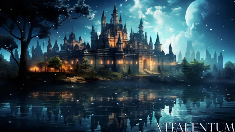 Enchanting Castle Landscape at Night AI Image