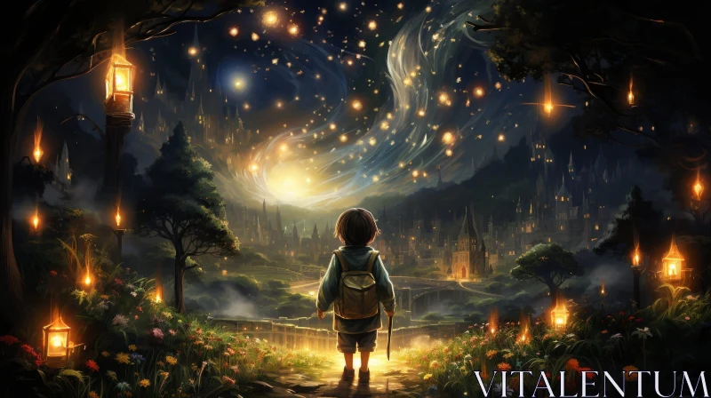 Enchanting Fantasy Landscape with Young Boy and Magical City AI Image
