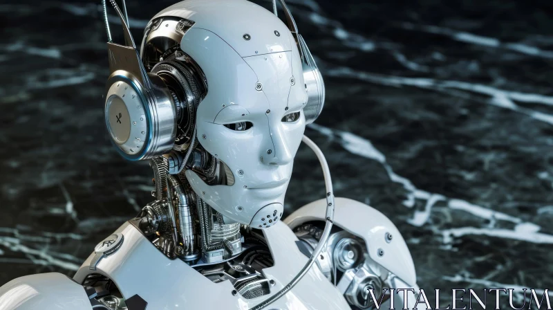 Futuristic 3D Rendering of a Silver Robot with Headphones AI Image