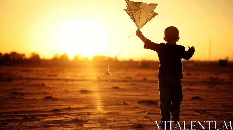 AI ART Joyful Boy Running with Kite in Field at Sunset