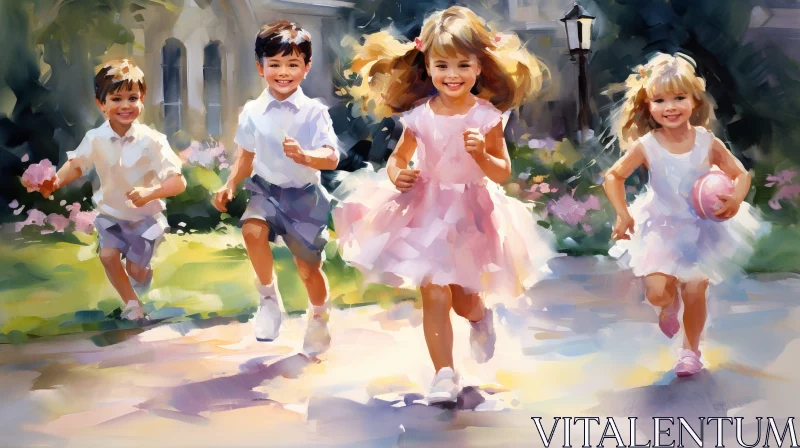 Joyful Children Running in Park AI Image