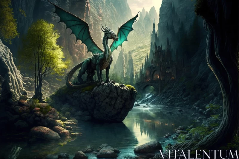 Majestic Dragon on Rock by River: Surreal Fantasy Art AI Image