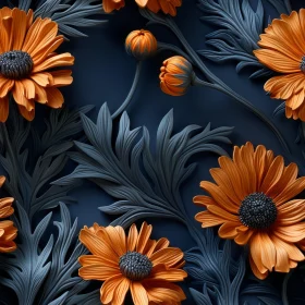 Orange Daisies on Dark Blue Seamless Floral Pattern