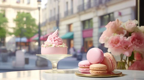Pink Dessert and Macarons on Table with Flower Background