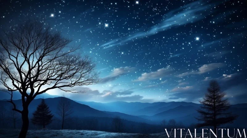 Starry Night Landscape with Majestic Tree and Snowy Mountains AI Image