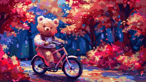 Teddy Bear Riding Bicycle in Vibrant Forest