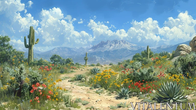 AI ART Tranquil Desert Landscape with Mountains and Wildflowers