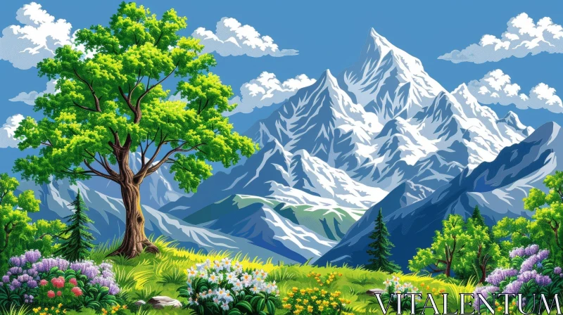 Tranquil Mountain Landscape with Snow-covered Peaks AI Image