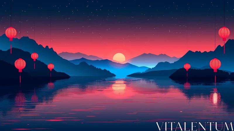 AI ART Tranquil Sunset Lake and Mountains Landscape