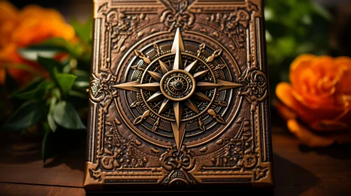 Vintage Book and Bronze Compass on Wooden Table