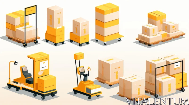 AI ART Warehouse Equipment Illustrations - Logistics Tools in Cartoon Style