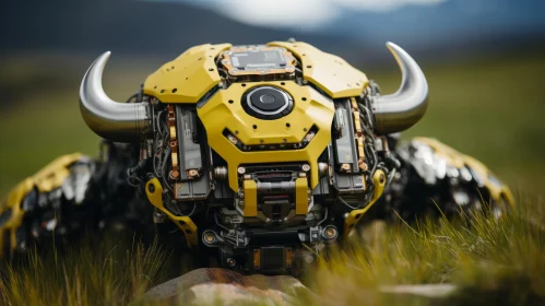 Yellow Bull Robot in Norwegian Landscape: A Mixed Media Marvel