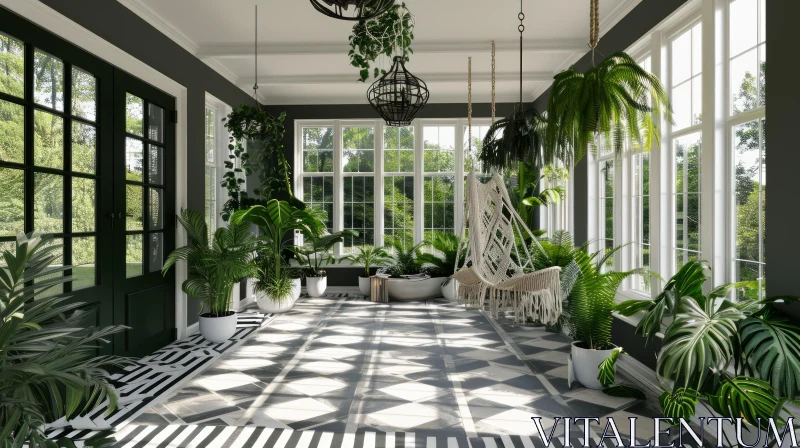AI ART Beautiful Sunroom with Tiled Floor and Plants - Interior Design Inspiration