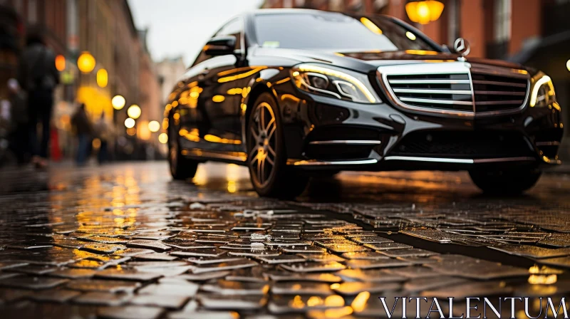 Black Luxury Car on Cobblestone Street | Mercedes-Benz S-Class AI Image