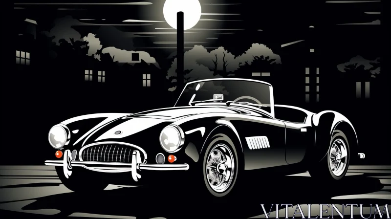 Classic Car Vector Illustration - City Street Night Scene AI Image