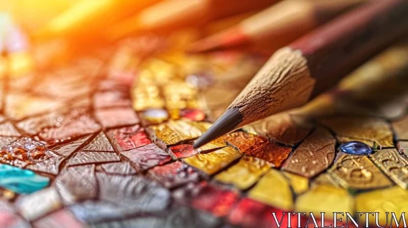 Close-up of Pencil on Vibrant Mosaic Surface AI Image