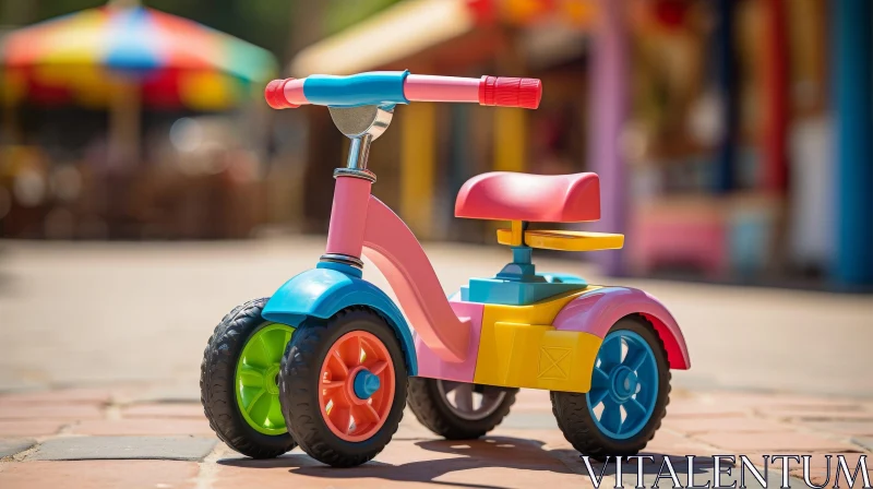 Colorful Child Tricycle Parked on Sidewalk AI Image