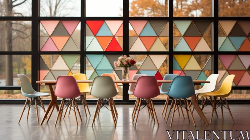 AI ART Contemporary Dining Room Interior with Colorful Chairs
