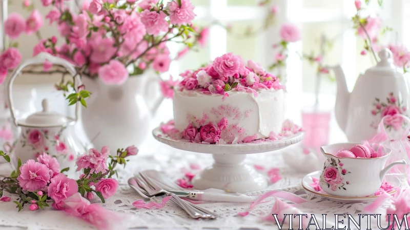 Delicate Still Life: Cake with Pink Frosting and Flowers AI Image