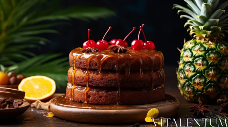 Delicious Three-Tiered Cake with Cherries and Caramel Glaze AI Image