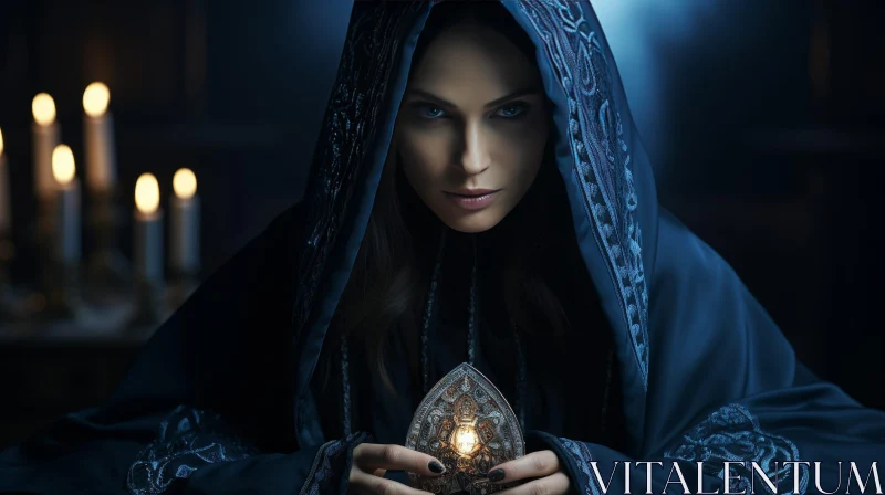 Enchanting Young Woman with Glowing Amulet in Dark Room AI Image