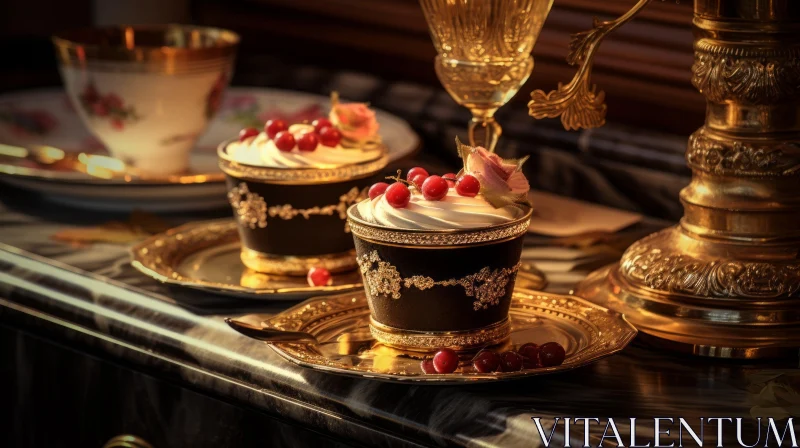 Exquisite Black and Gold Cups on Marble Table AI Image